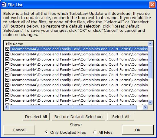 The List of Files Selected TurboLaw will display all of the files which need to be updated. If you don t want to download some of the files, you can un-check the check box next to each file s name.