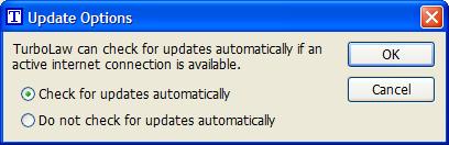 Update Options In TurboLaw, clicking on the Update menu, then selecting Update Options will display the Automatic Update Options window.