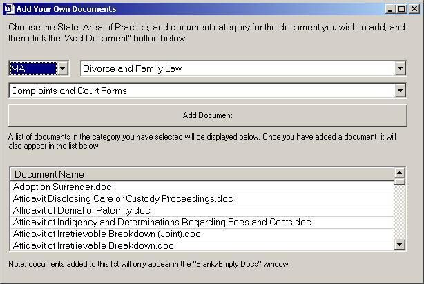 The Add Your Own Documents Screen Simply select the state, area of practice and category for your document, and then click Add Document.