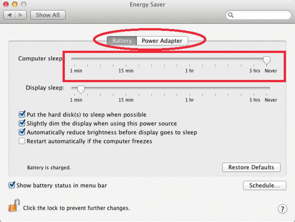 Chapter 3: Installation 2. For both Battery and Power Adapter power settings, move slider bar to Never for Computer Sleep. 3. In the popup warning window, click OK.