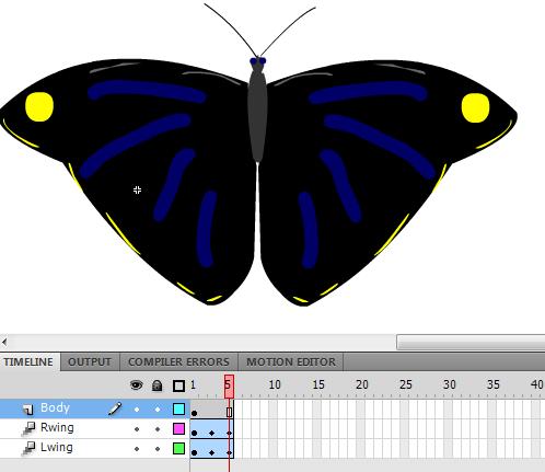 Step 5: Test the flapping wings Use CTRL+Enter to test your animation so far Check the two flapping wings looks realistic Step 6: Add the body Create a new layer called Body Add the butterfly body