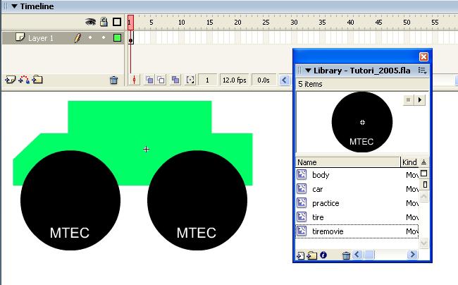 (3) Drag the body and two tiremovie into the Stage. See (Fig.6) You can change the size of the objects with Free Transform Tool ( Tools Panel. ) on the (Fig.