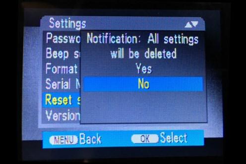 Press the Button (Arrow down) to Reset settings, then press OK (Pic 1) Window (Pic ) will shown and it will