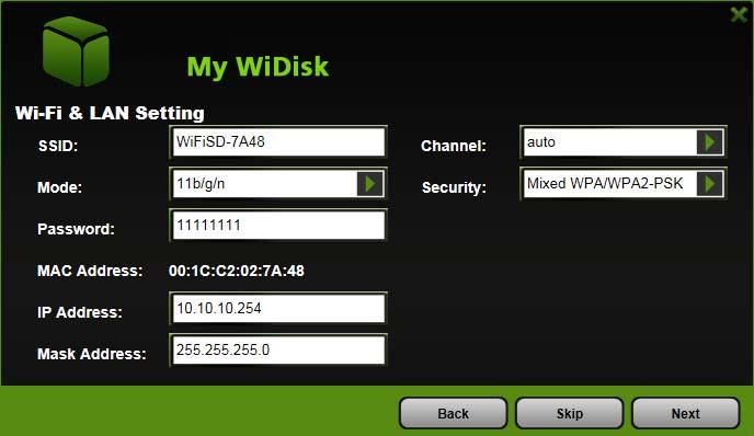 3. Click on the Next button. The next step is to configure the Wi-Fi Disk. D) SSID: Enter the combination of letters and numbers only.
