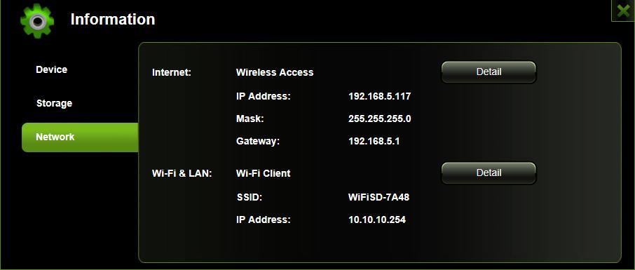 Provides detailed information regarding the current network settings such as the connection to access the internet, Wi-Fi SSID and IP Address as seen on the screenshot below. 11