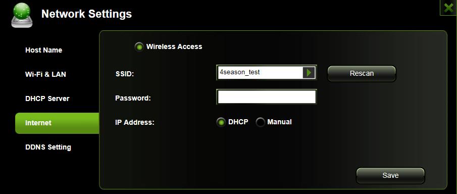 4. SSID. Type-in the SSID name or click on the Rescan button to automatically search for the available wireless network connections. 5. Password.