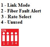 DIP Switch Settings Link Mode (Switch 1) Switch Position Mode Up (default) Down Smart Link Pass-Through Mode Standard Mode Smart Link Pass-Through: In this mode, the fiber link state on one fiber