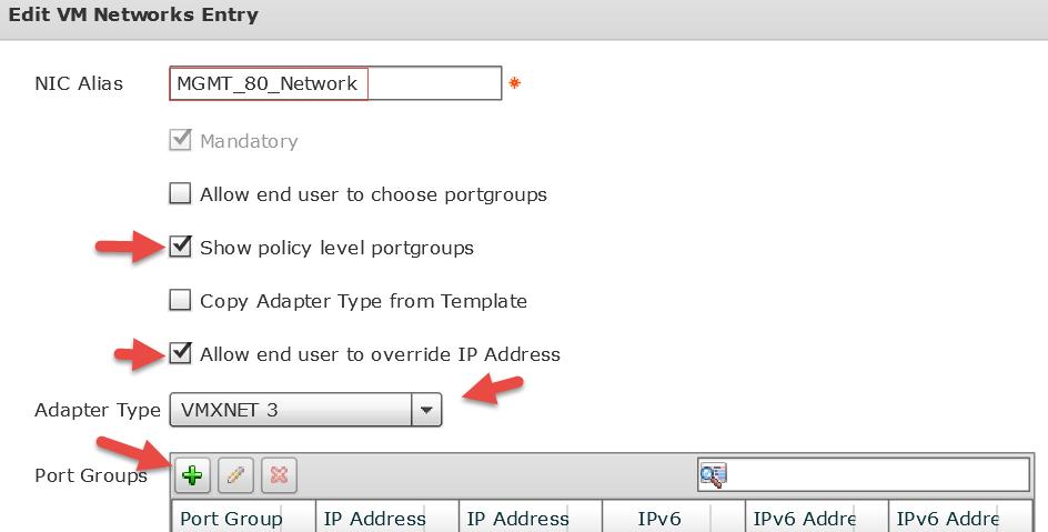 Enter a Name for the NIC Alias, select Show policy level portgroups check box, select Allow end user to override IP Address