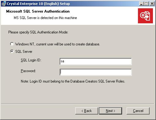 Option B: Use MSDE / SQL Server on the same Computer as the CMS Choosing option B presents you with the following dialog box.