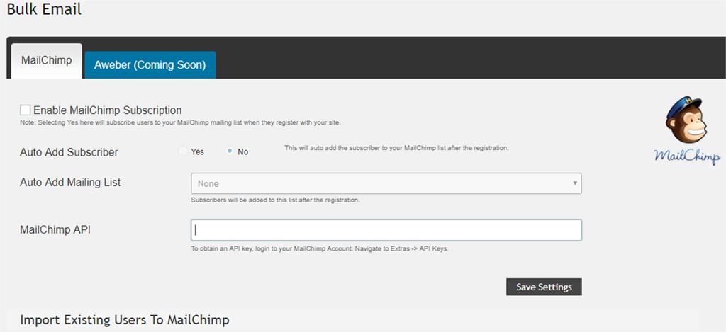 6.1.1. Setup MailChimp Here is how you can setup MailChimp integration. Login to your blog / site and go to your dashboard. In the dashboard s menu, click on Pie Register > Bulk Email.