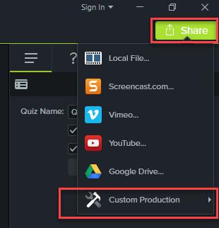 Step 8: All the other options are set when you produce the video. Several options support quizzing - share to screencast.