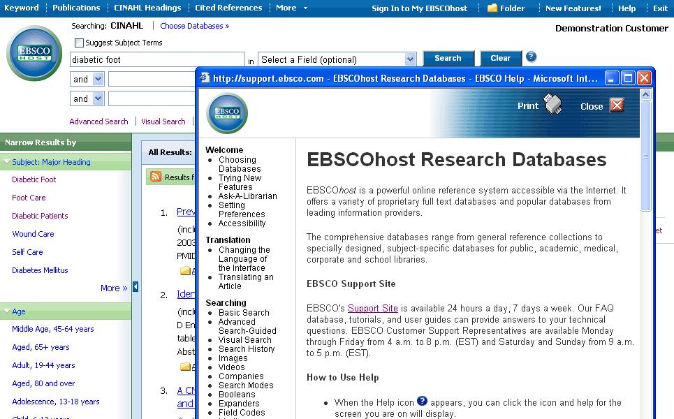 HELP: Click on the Help link to view the complete online help manual, and visit our support site at http://support.ebsco.