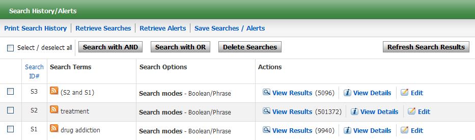Search History/Alerts Link From the Basic or Advanced Search Screen, you can save, retrieve and reuse your basic or advanced searches. You can view these searches in the Search History/Alerts Tab.
