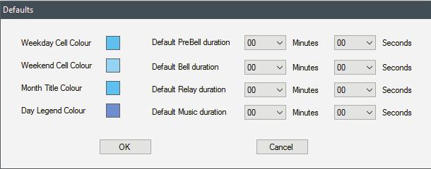 4.0 DEFAULTS A 4510 Software Programming Guide It is possible to change the colour scheme of the programming screen and also set default duration times for each of the Bell, Prebell, Music and Relay