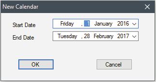 If this is the first time the program has been run, a new calendar will need to be created. Navigate to the File menu in the top left corner and select New. The window shown below will appear.