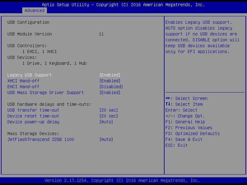 Chapter 5: BIOS Setup 5.3.10 USB Configuration Legacy USB Support Allows USB keyboard/ mouse to be used in MS-DOS. XHCI Hand-off Determines whether to enable XHCI (USB3.