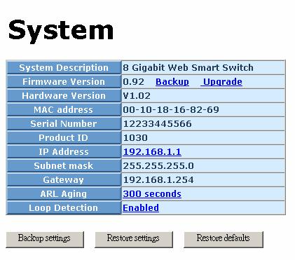 3-2. System System function is used to display the current settings of the switch. In addition, the user also can do upgrade and set up ARL Aging time respectively.