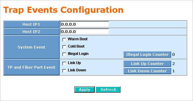 3-10. Trap Events Function name: Trap Events Function description: The Trap Events Configuration function is used to enable the Advanced Smart Ethernet Switch to send out the trap information while