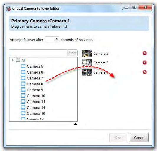 From the Servers pane, right-click the critical camera you wish to configure and select Properties. 2. In the Camera Properties pop-up, click the Define button next to Critical Camera Failover.