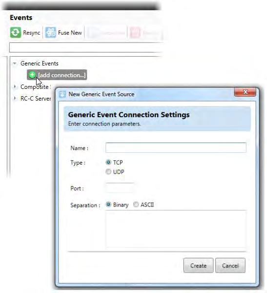 Ocularis Administrator Ocularis Administrator User Manual Figure 40 Add a Generic Event Connection 3. Fill out the fields in the resulting New Generic Event Source pop-up window as defined below.