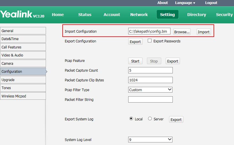 To import the endpoint configurations via web user interface: 1. Click on Setting->Configuration. 2.