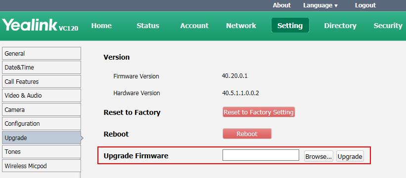 Troubleshooting How to upgrade firmware? To upgrade firmware via web user interface: 1. Click on Setting->Upgrade. 2. Click Browse to locate the firmware from your local endpoint. 3.