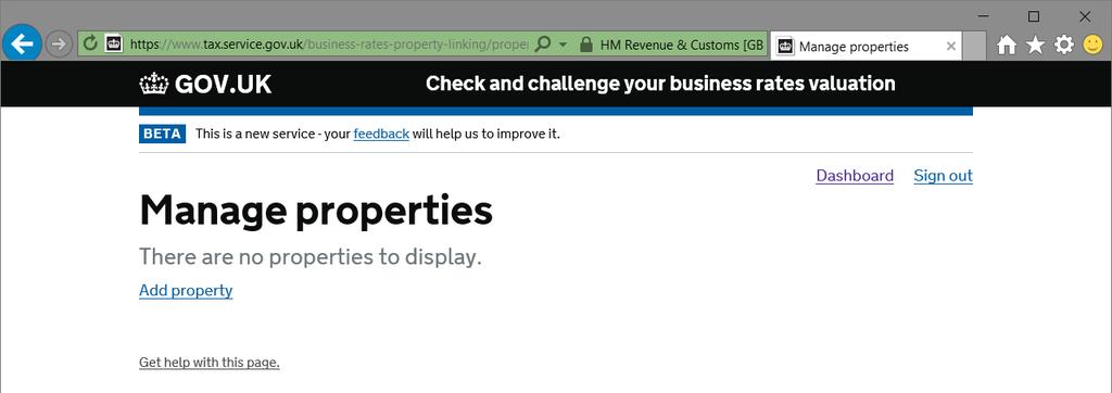 When you select Manage properties (or click on the Manage properties button immediately after first registering for the service) you will initially see a screen