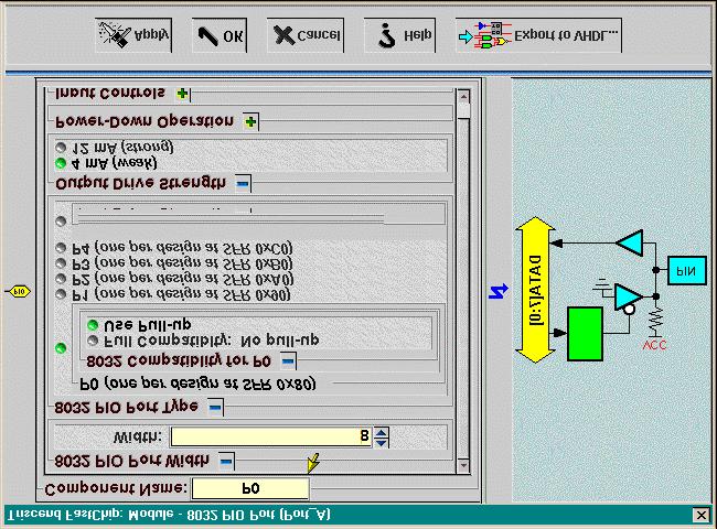 Now you need to modify the modules to suit the design. Click on the Port_A module to make the following window appear. Within the window, select P0 in the 8032 PIO Port Type area.