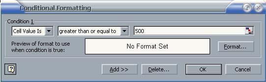In this case we are telling Excel to change the formatting of cells where the value is greater than or equal to 500.