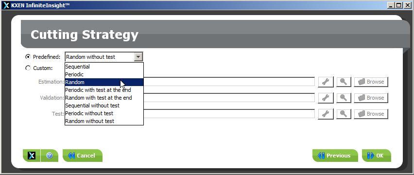 Modeling with InfiniteInsight Modeler - Association Rules Step 1 - Selecting the Data 6 Click the Cutting strategy drop-down list. The list of available cutting strategies will appear.