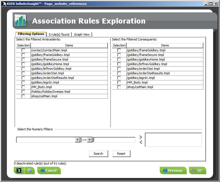 Modeling with InfiniteInsight Modeler - Association RulesScenario 1: Standard Modeling with InfiniteInsight Modeler - Association Rules The screen Association Rules Exploration allows you to search