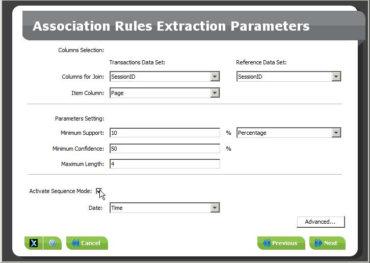 Modeling with InfiniteInsight Modeler - Association Rules Scenario 2: Modeling Using Sequence Mode To Set the Parameters 1 On the screen Association Rules Extraction Parameters, select the join