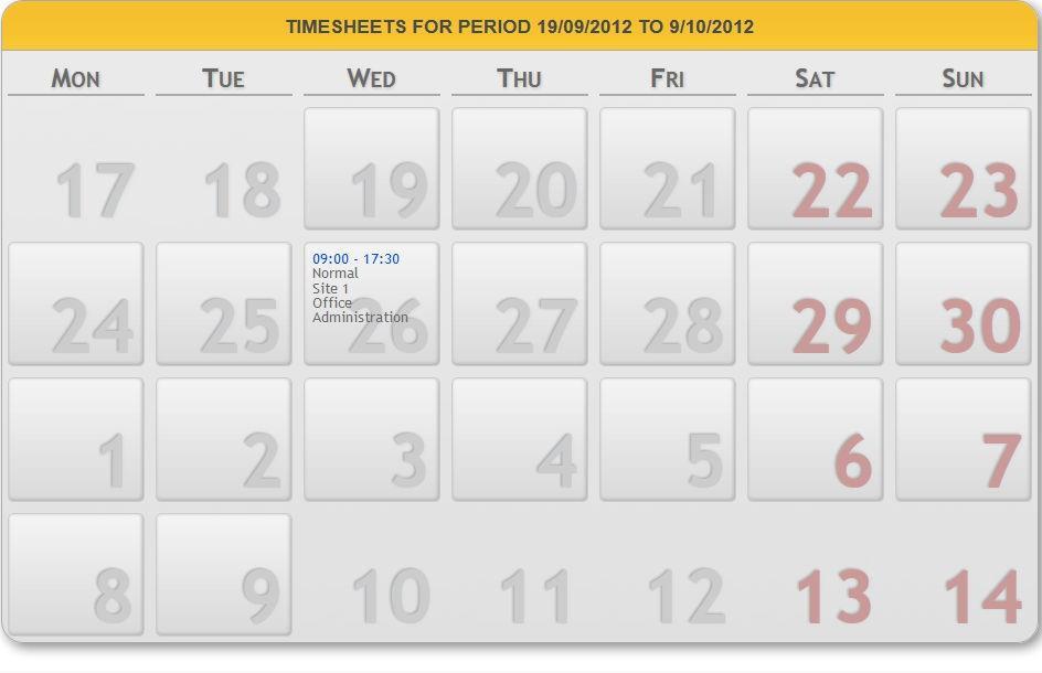 6. Timesheets Tab This screen displays all the timesheets for the employee. Date - this is set to the month prior to and including the current date.