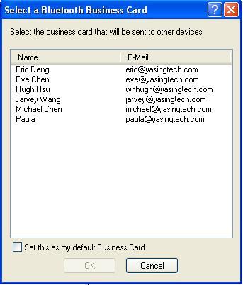 existing contact name from the box to be the default one that will be always sent when requested, and click OK. To change the selected business card, repeat this step to choose another one.