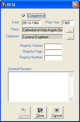 AIM SACRAMENTAL REGISTRY 17 RCIA If the member entered the church via the Rite of Christian Initiation for Adults (RCIA) program, you can enter those records on the RCIA screen. 1. Click the RCIA button on the Sacramental Details screen.