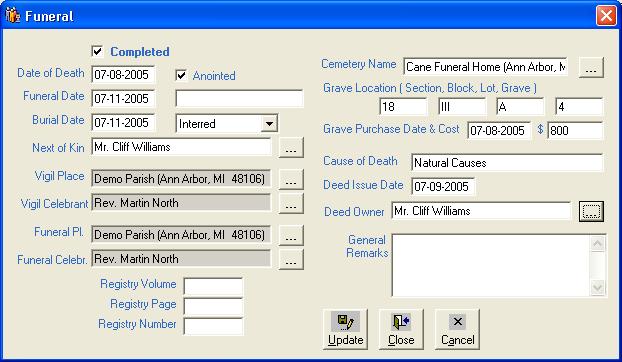 24 Funeral Use the Funeral screen to record data for members who have died. 1. Click the Funeral button on the Sacramental Details screen. The Funeral screen will open. 2. Check the Completed box. 3.
