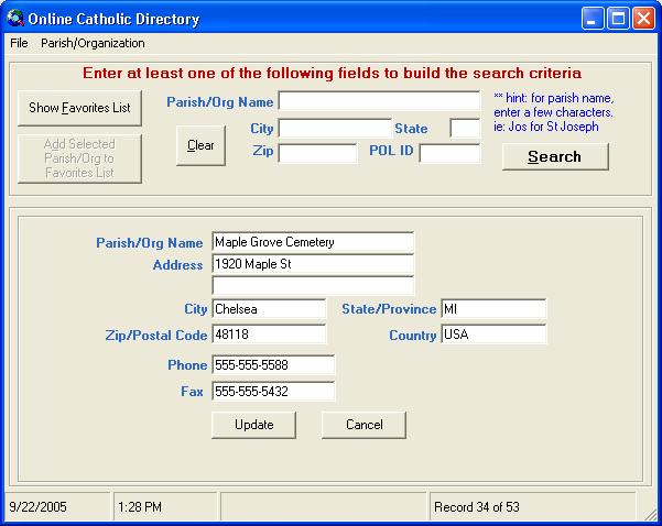 AIM SACRAMENTAL REGISTRY 31 2. Complete the Name, Address, and Phone fields on the Insert Parish screen.