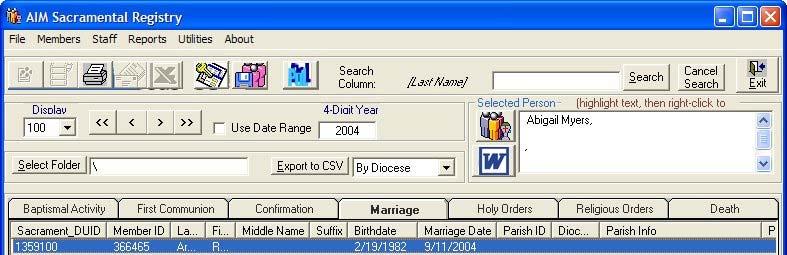 AIM SACRAMENTAL REGISTRY 35 Export to CSV The CSV format is acceptable to many other software applications and provides a simple way to export data from ParishSOFT and import it into another