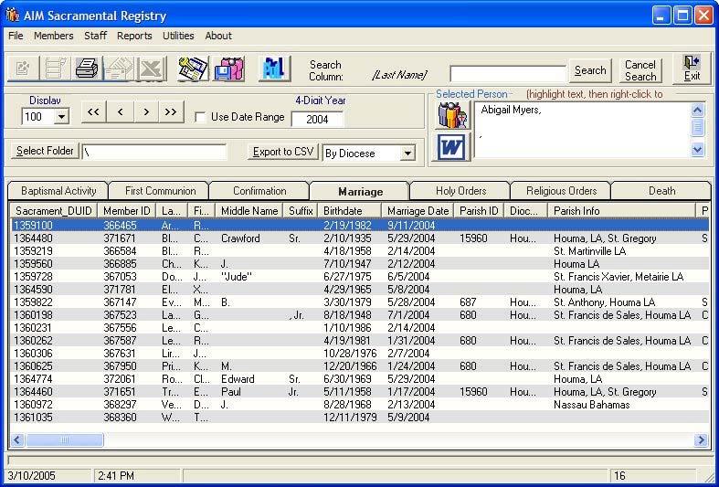 AIM SACRAMENTAL REGISTRY 7 F5 to Refresh Press <F5> to refresh your list view with the most current sacrament data Display Tools Choose # of records to display Use Arrow keys to view next or previous