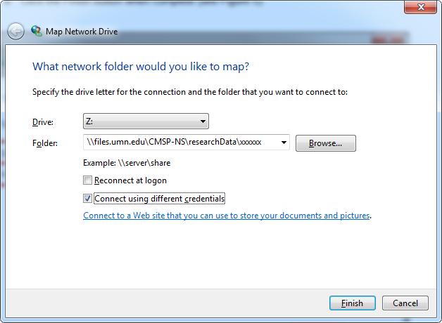 8 3. Fill in the Map Network Drive Fields (For XP systems, see section 4) a. Drive: Select a drive letter from the available drop down menu (see Figure 5). b. Folder: Enter \\files.umn.