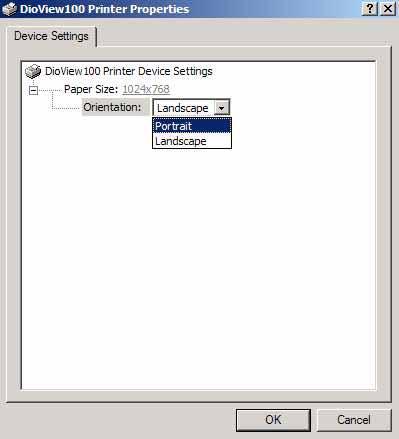 5.3 Setting the DioView 100 Printer 1) Landscape is set as the default orientation on the DioView 100 Printer, providing the best image results in most presentations.