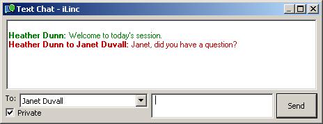 Leaders can chat to individual participants by dislodging the text chat area (click the double right arrows/chevron to do this).
