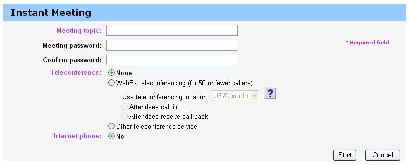 You can also send participants to the front page of your Communications Center where the Instant Meeting is listed and they can join from there. Instant Meeting Log into.