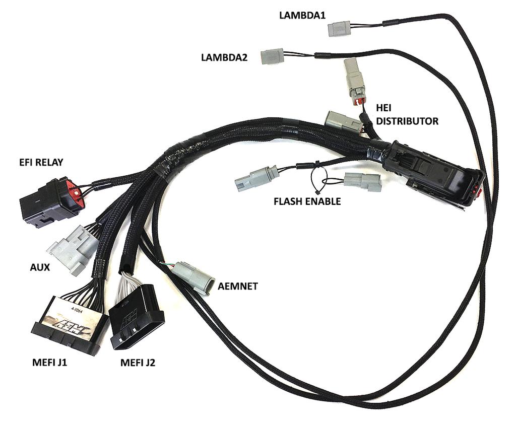 11 Harness6 ayout Connector MEFI J1 MEFI J2 AUX AEMNet Flash Enable EFI Relay ambda1 ambda2 HEI Distributor Installation Connect to MEFI J1 with BACK TPA Connect to MEFI J2 with Clear TPA Optional