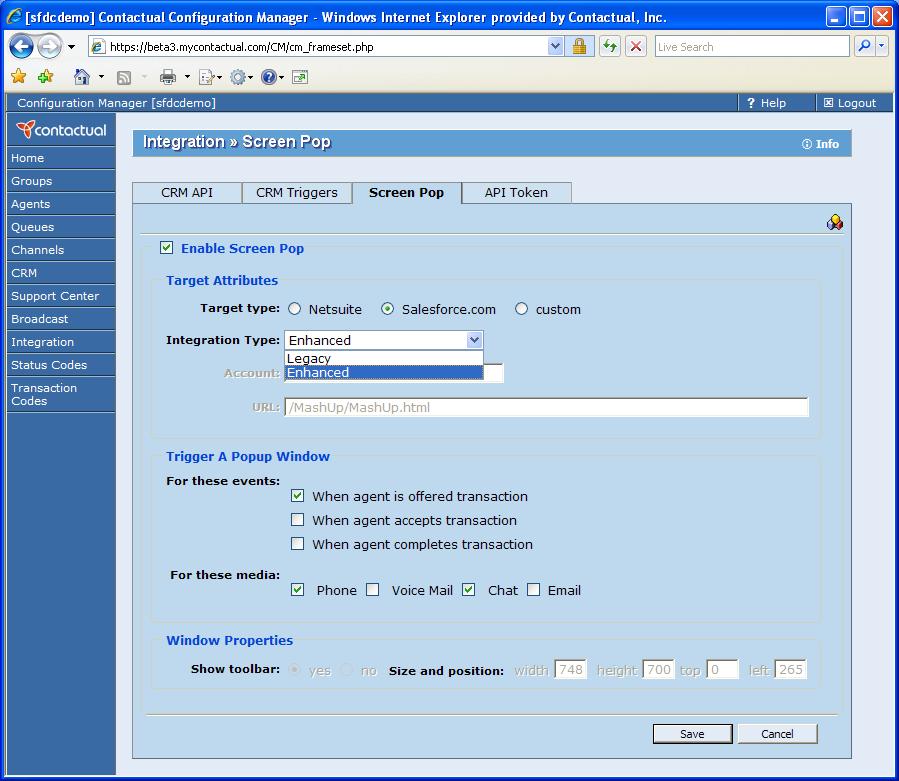Figure 1: Configuration Manager, Integration page, Screen Pop tab 3. Select when to display a Salesforce.com page.