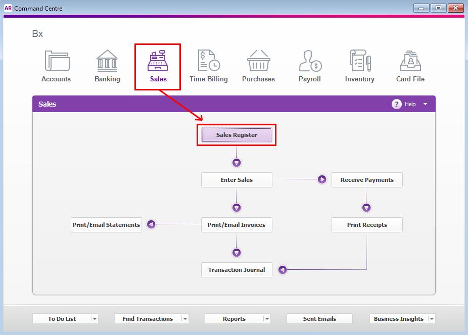 Client invoice items STEP 1 Head to Sales > Sales Register in MYOB.