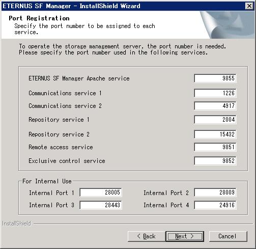 10. Specify the port number for the services in the Port Registration page. The default values are displayed.