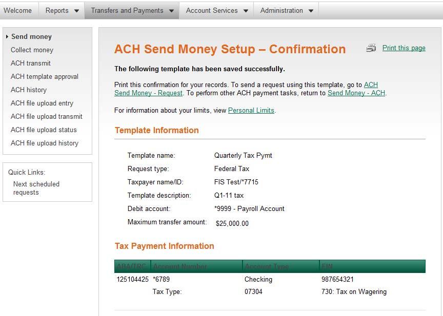 ACH Send Money Setup Add Template Details 5.