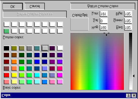 633. Move the crosshair and slider around until you get the exact color that you like. 634. Look at the Red, Green, and Blue numbers. 635. Write them down on a piece of scratch paper. 636. Click OK.