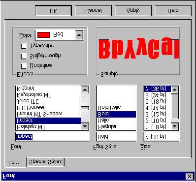 80. The Font dialog box opens. 81. For Font, select Impact. 82. For Color select Red. 83. For Size, select 7. 84.